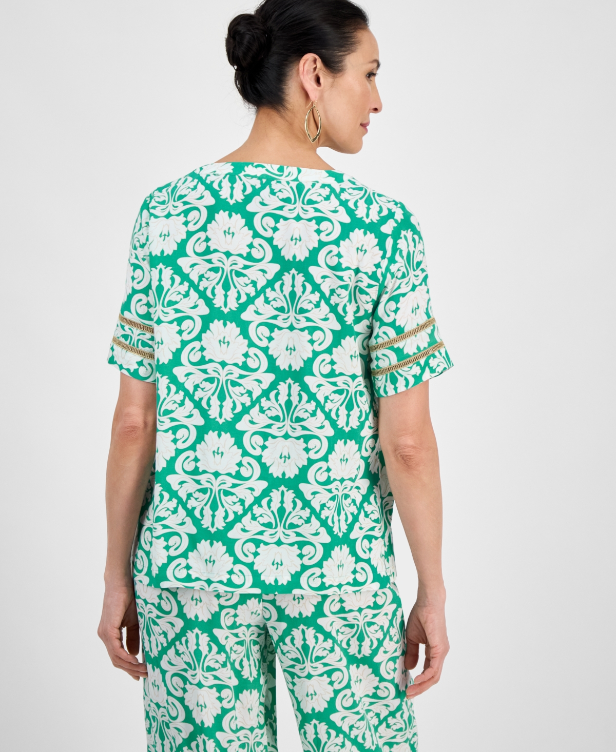 Jm Collection Women's Printed Split-neck Short-sleeve Top, Exclusively At Macy's In Green