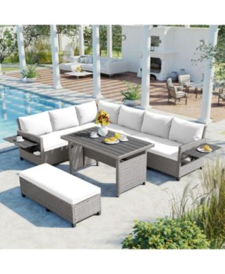 Streamdale 5-Piece Patio Rattan Sofa Set, L-Shape, Extendable Tables, Washable Covers, White