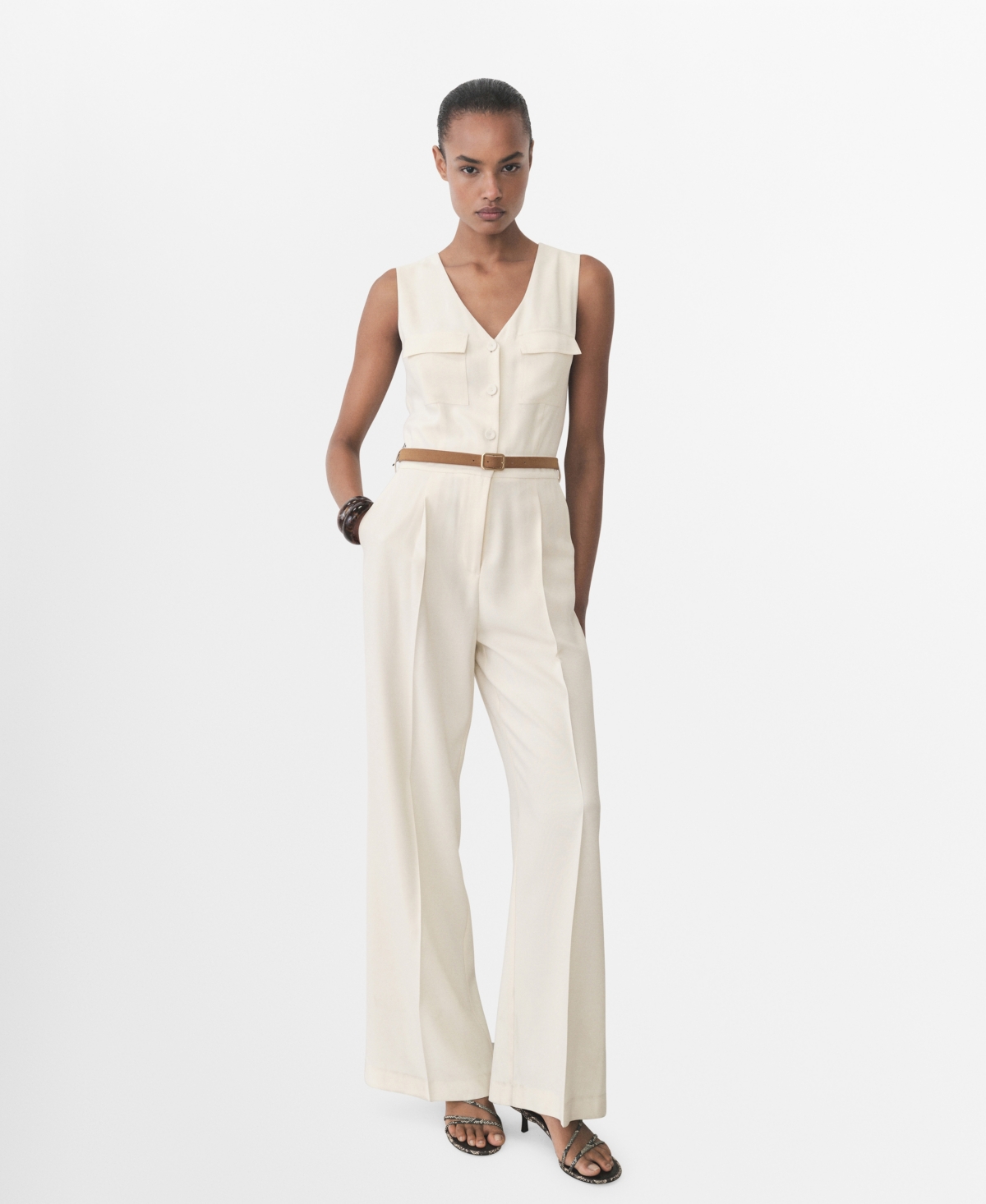 Women's Belt Long Jumpsuit - Ecru