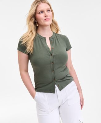Women's Rib-Knit Short-Sleeve Button Front Top, Exclusively at Macy's