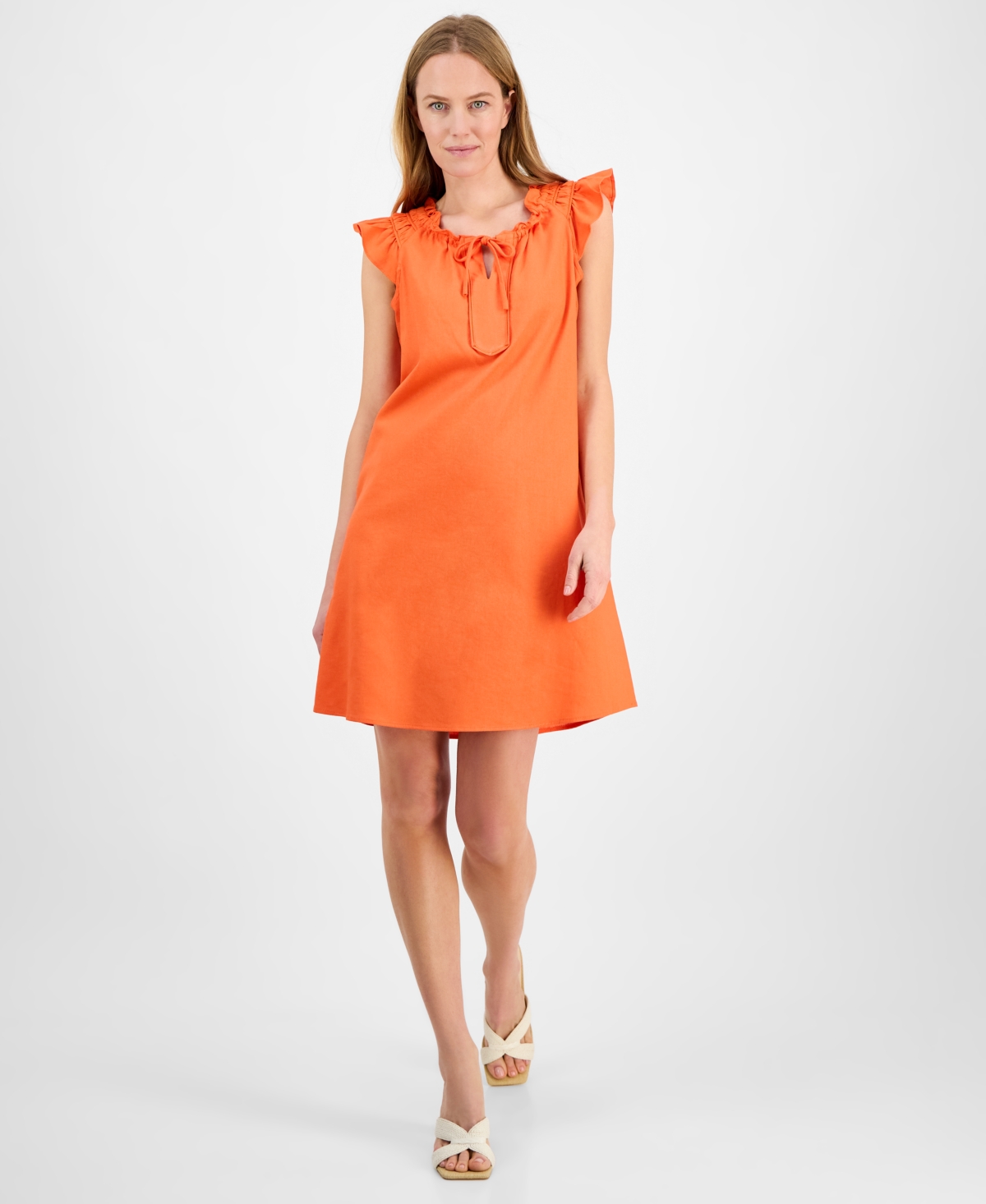Robbie Bee Women's Ruffled-sleeve Split-neck Shift Dress