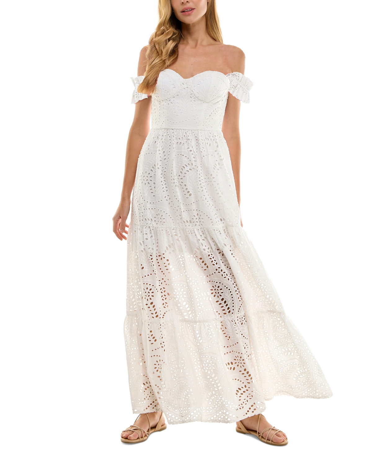 Juniors' Off-The-Shoulder Eyelet Maxi Dress - White