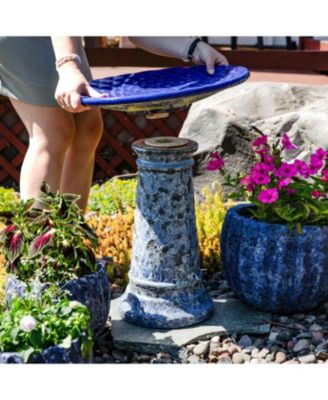 Rennes Ceramic Bird Bath with Lava Finish -Blue Glazed Bowl with Blue Distressed Ceramic Finish - 22.5"