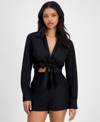 Bar III - Women's Collared Tie-Hem Blouse, Exclusively at Macy's