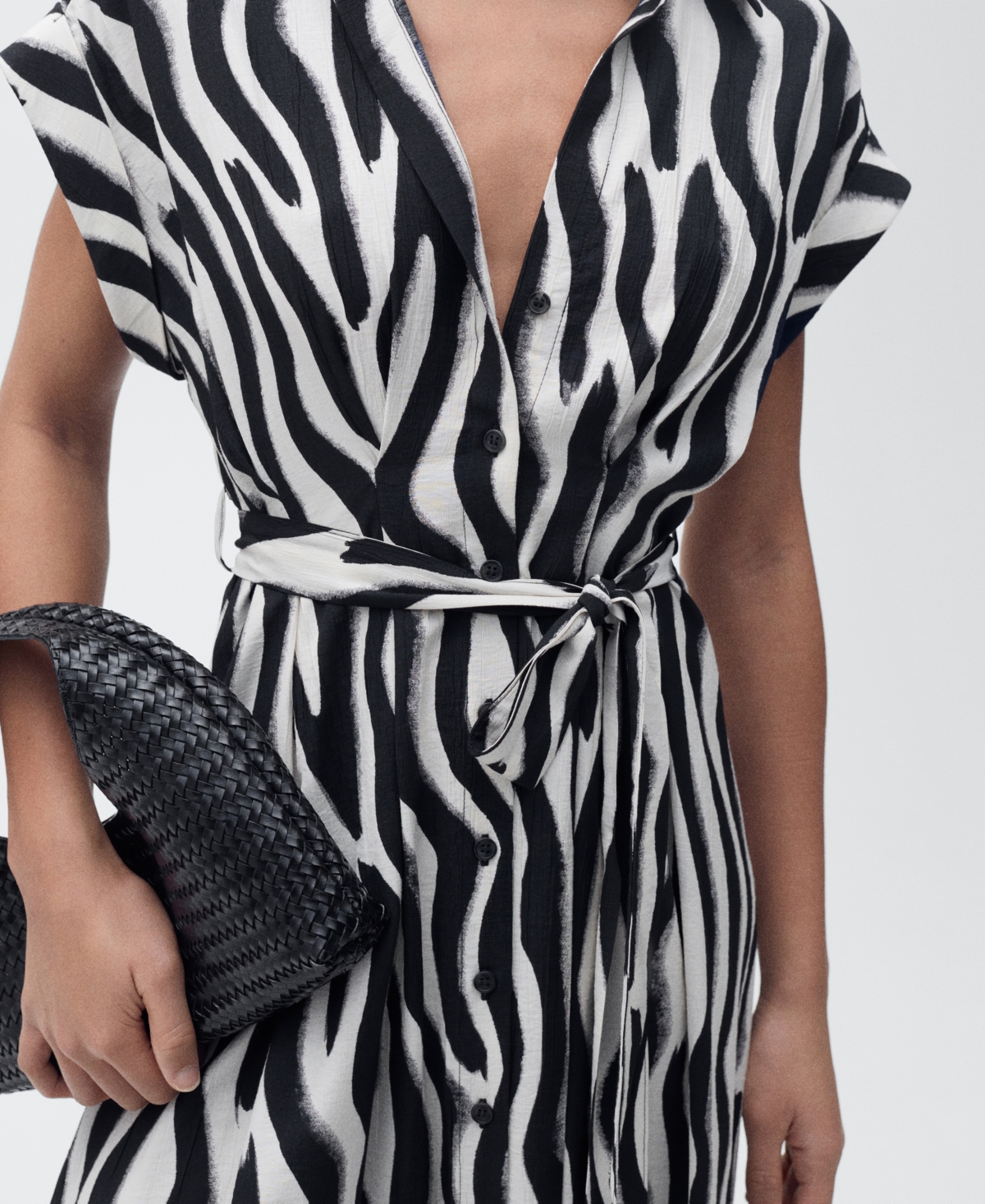 Mango Zebra Print Belted Midi Shirtdress In Black