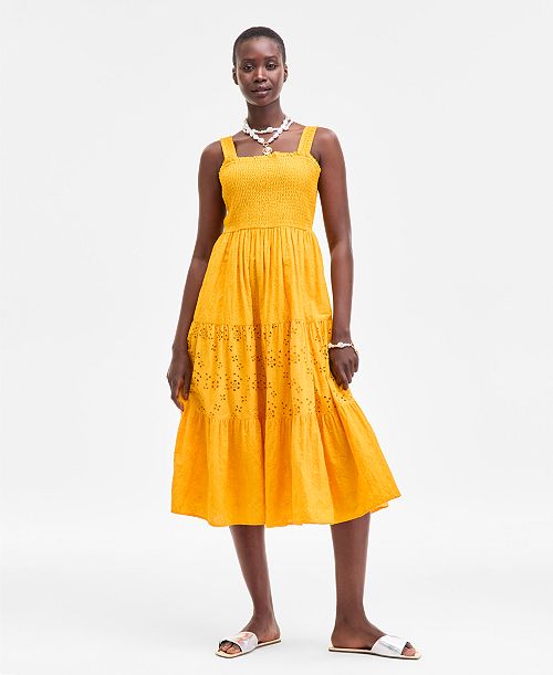 alfani On 34th Women's Smocked Embroidered Eyelet Midi Dress Exclusively at Macy's Women's Fashion Shoes & Accessories