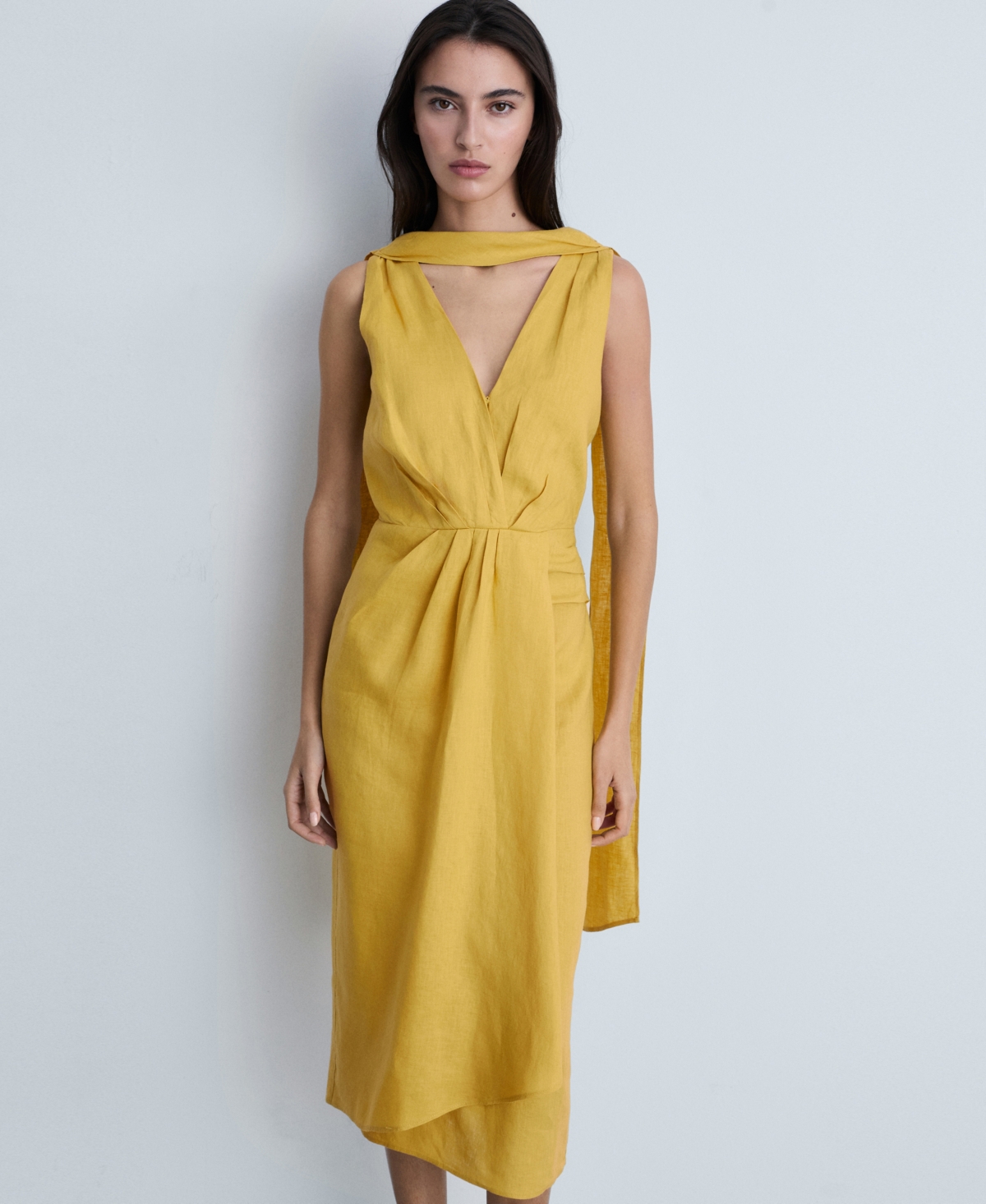 Mango Scarf Detail Sleeveless Linen Midi Dress In Mustard