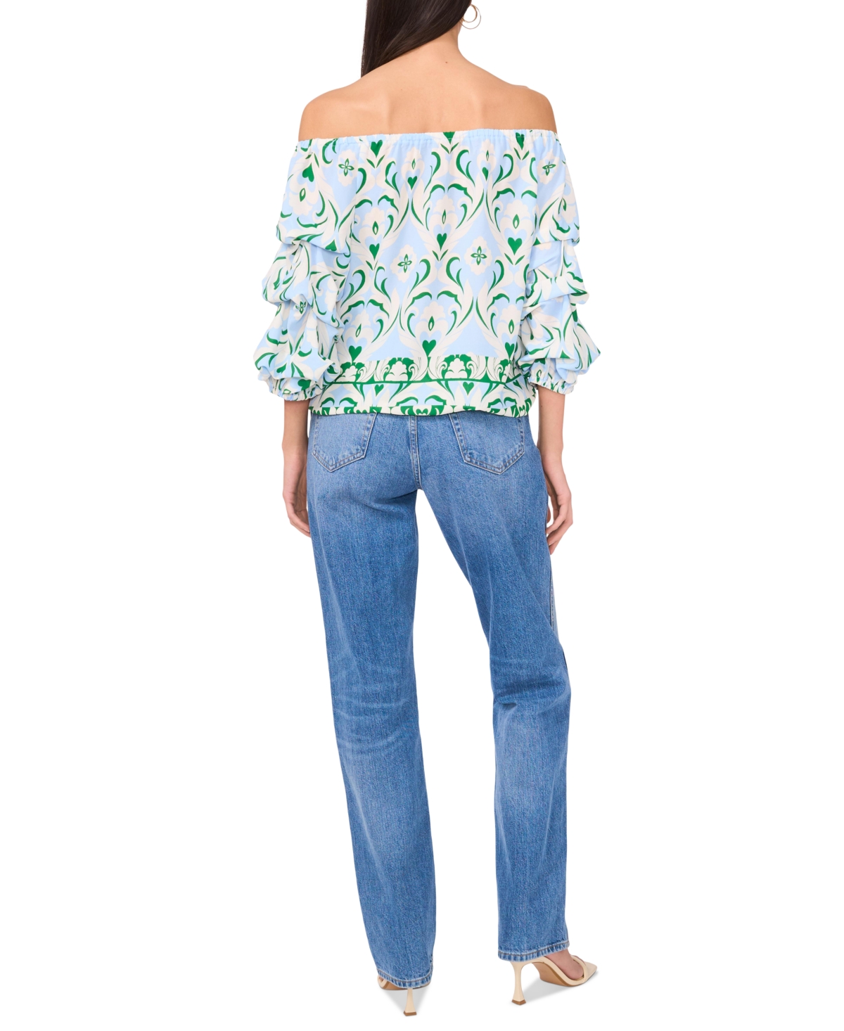 VINCE CAMUTO WOMEN'S PRINTED OFF-THE-SHOULDER BUBBLE 3/4-SLEEVE TIE-FRONT BLOUSE 