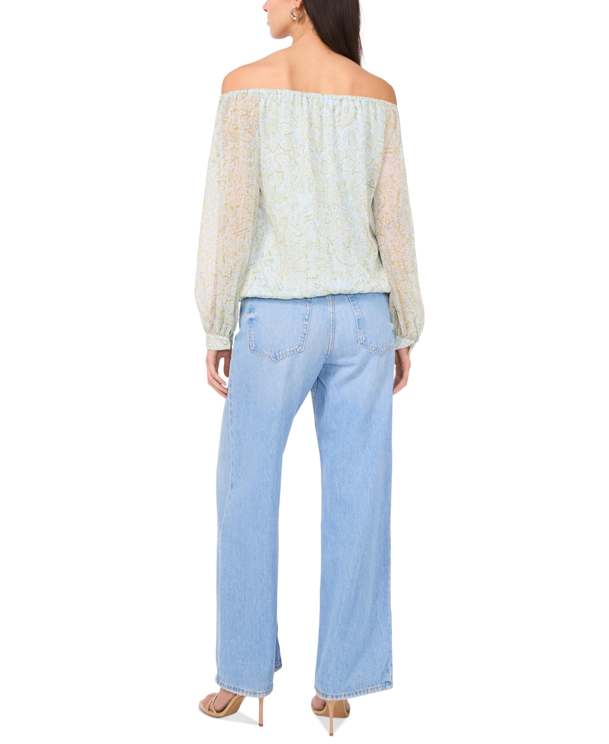 VINCE CAMUTO WOMEN'S PRINTED OFF-THE-SHOULDER LONG-SLEEVE TIE-FRONT BLOUSE 