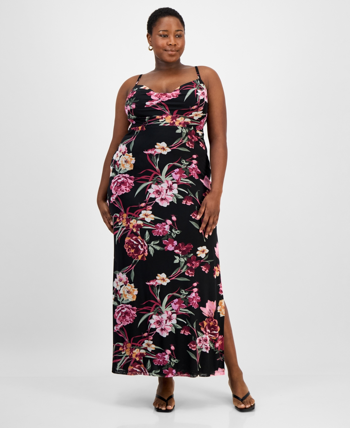Trendy Plus Size Floral Mesh Maxi Dress - Black/multi