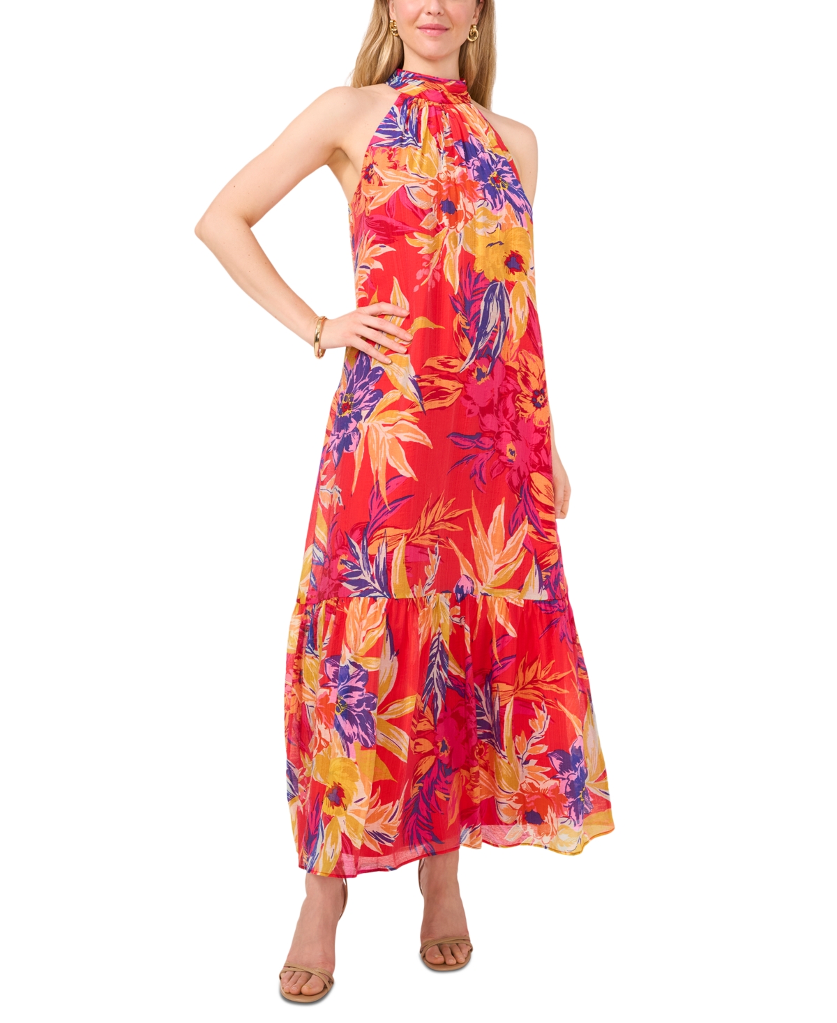 Women's Floral Halter Flounce-Hem Maxi Dress - Poppy Red
