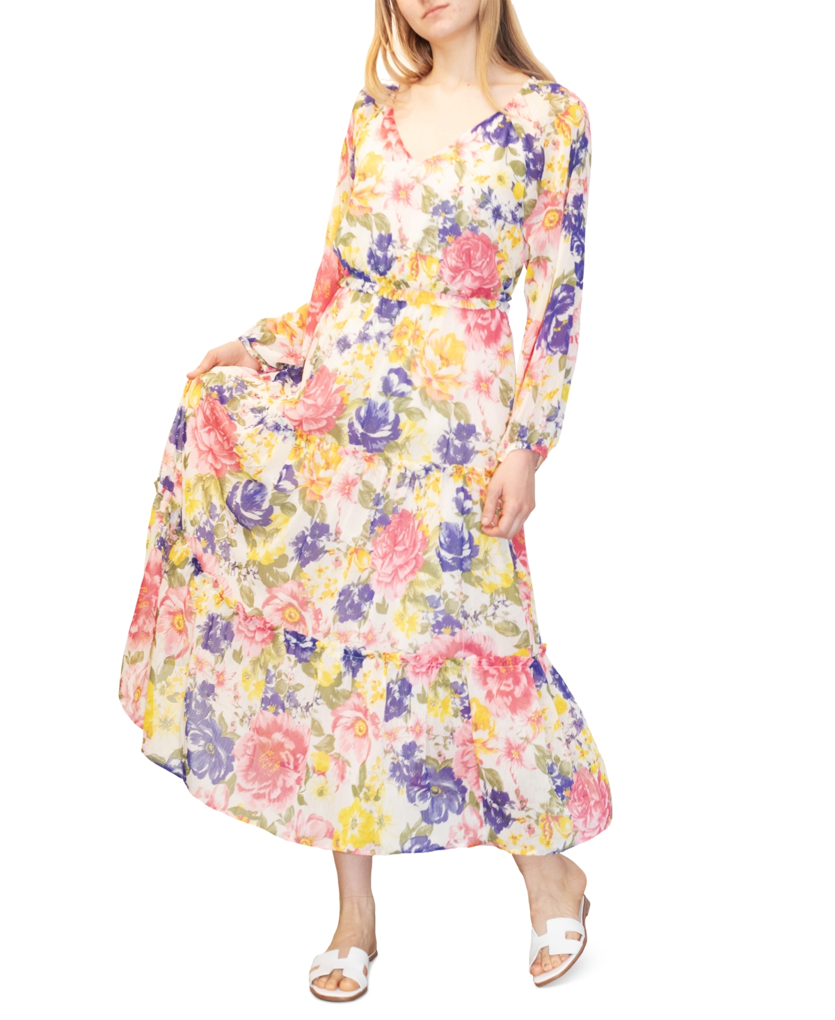 Juniors' Floral-Print Tiered Midi Dress - White Multi