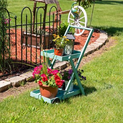 2-Tier Fir Wheeled Planter Stand - 34” H - Robin Egg Blue
