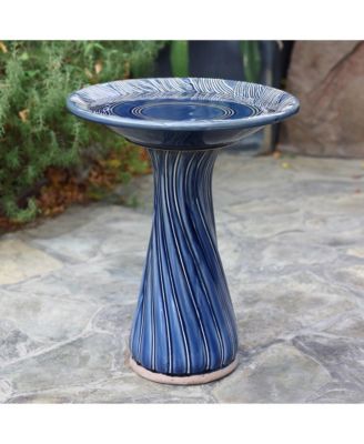 Blue Leaves and Swirl 22-Inch Tall Ceramic Birdbath