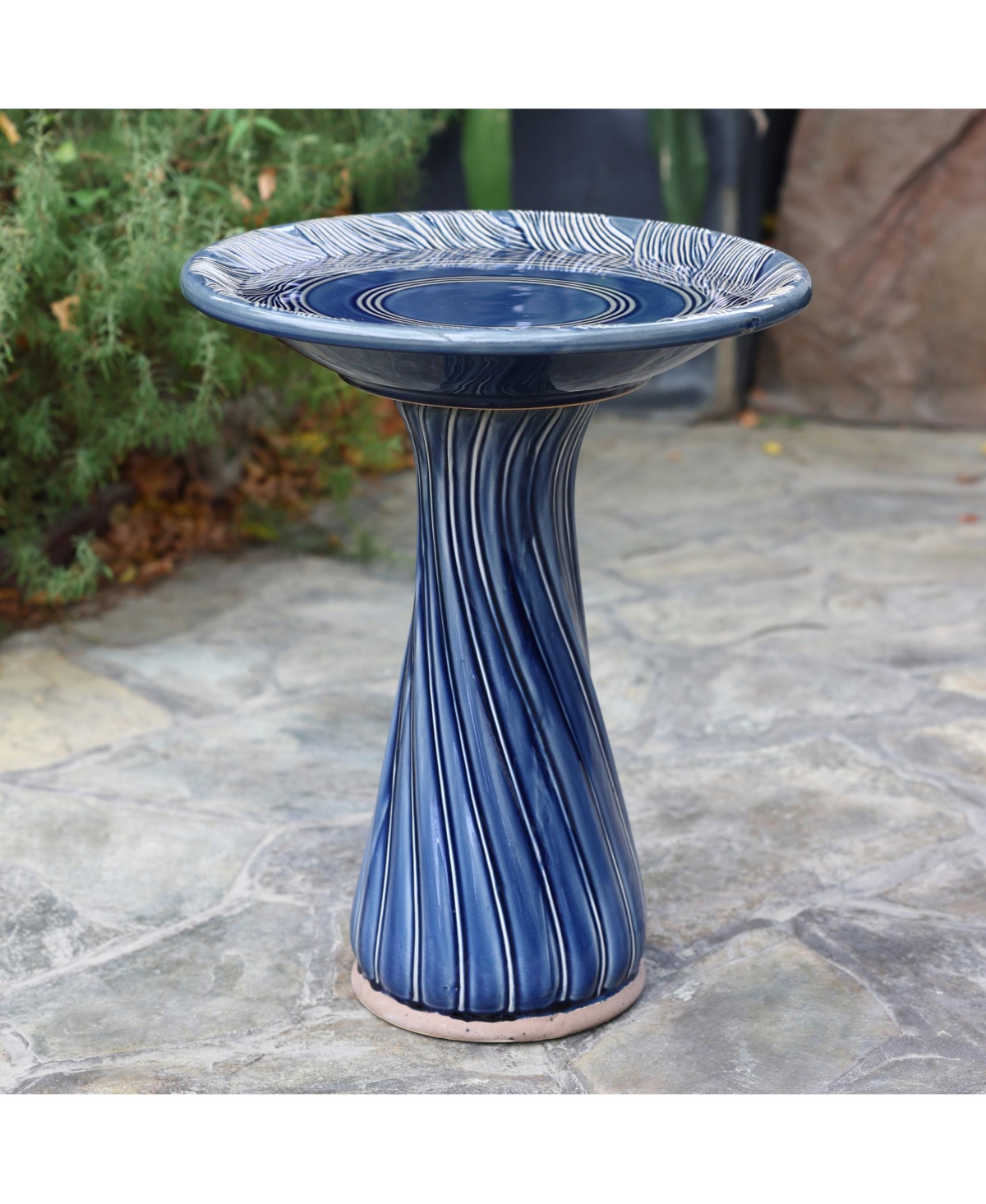 LuxenHome Blue Leaves and Swirl 22-Inch Tall Ceramic Birdbath