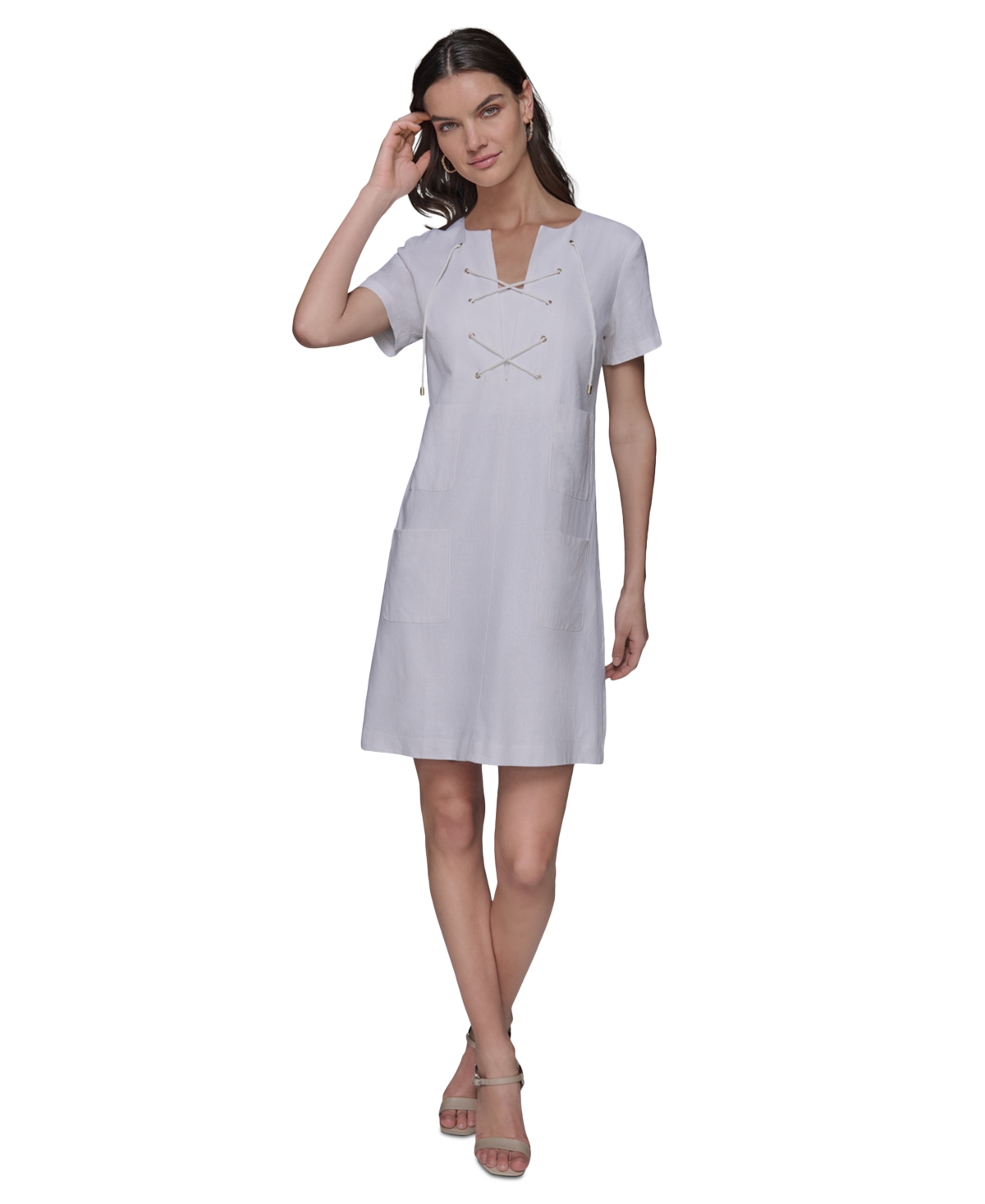 Karl Lagerfeld Linen Blend A Line Dress In Soft White