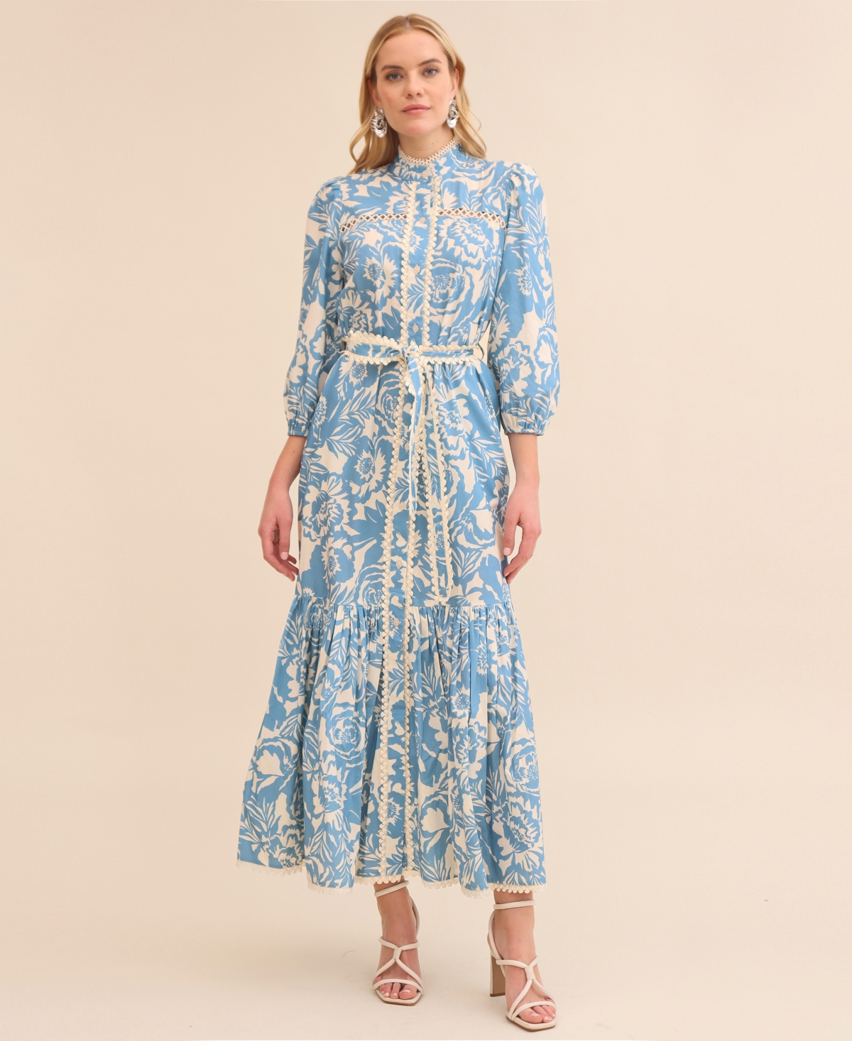 Avec Les Filles Floral Print Long Sleeve Cotton Poplin Dress In Blue Vintage Floral