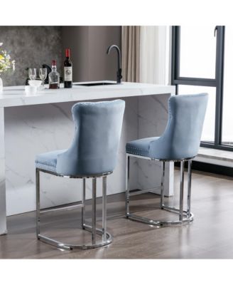 Set of 2 Velvet Counter Height Stools, 25.2" Kitchen Island Chairs with Button Tufted Back, Rivet Trim and Chrome Metal Base