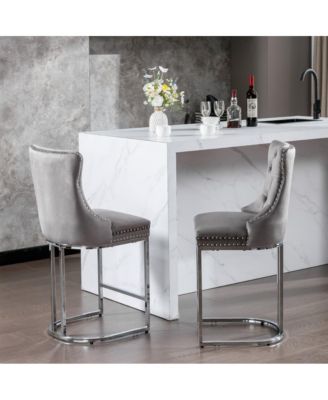 Set of 2 Velvet Counter Height Stools, 25.2" Kitchen Island Chairs with Button Tufted Back, Rivet Trim and Chrome Metal Base