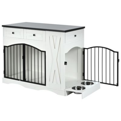43.3inch Farmhouse Dog Crate Furniture Heavy Duty Dog Kennel with 3 Drawers and Feeder White