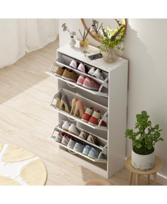 Wooden 3-door white shoe cabinet, shutter door drawers, multi-purpose shoe rack with adjustable shelves