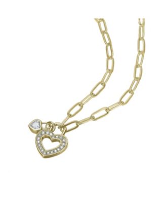 14K Gold Plated with Colored Cubic Zirconia Paperclip Chain Heart Lock Pendant Necklace