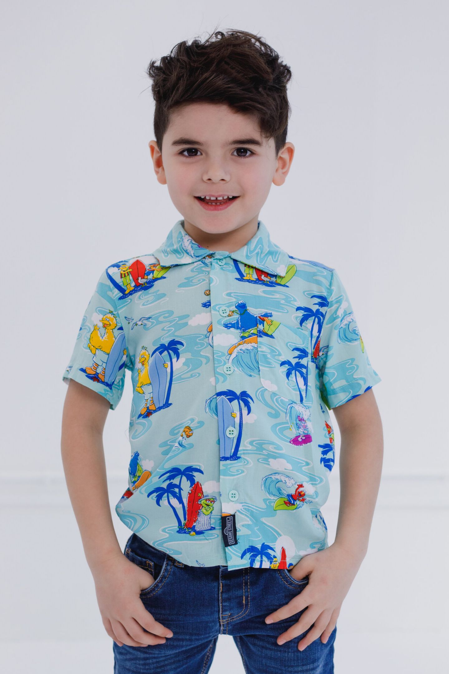 Рубашка Sesame Street Bird Cookie Monster Elmo Oscar the Grouch Matching Family Hawaiian Button Down Shirt для мальчиков, цвет: Синий — фото 2