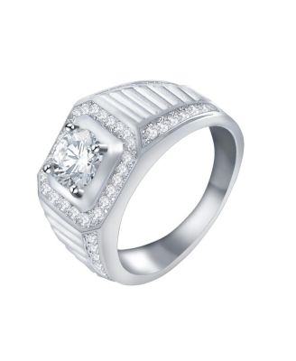 Clear CZ Statement Halo Square Princess Cut Solitaire Promise Ring with Micro Pave Matte Band Plated