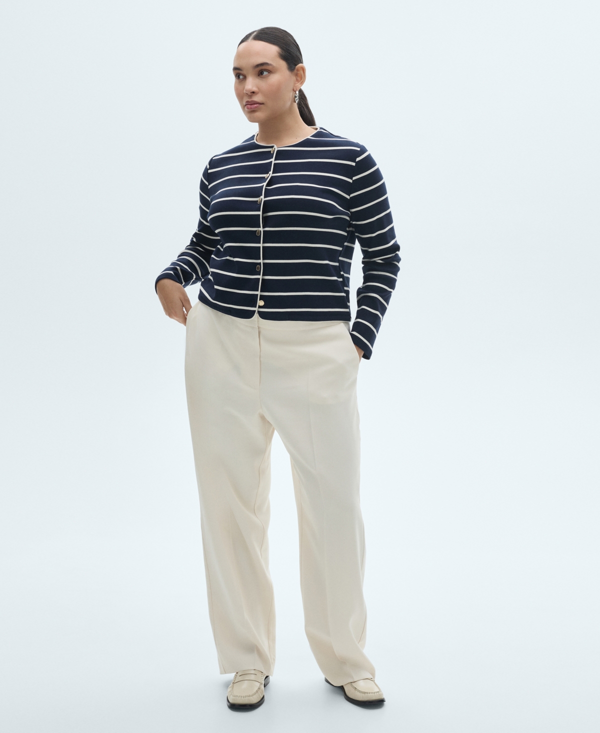 Mango Stripe Knit Cardigan In Dark Navy
