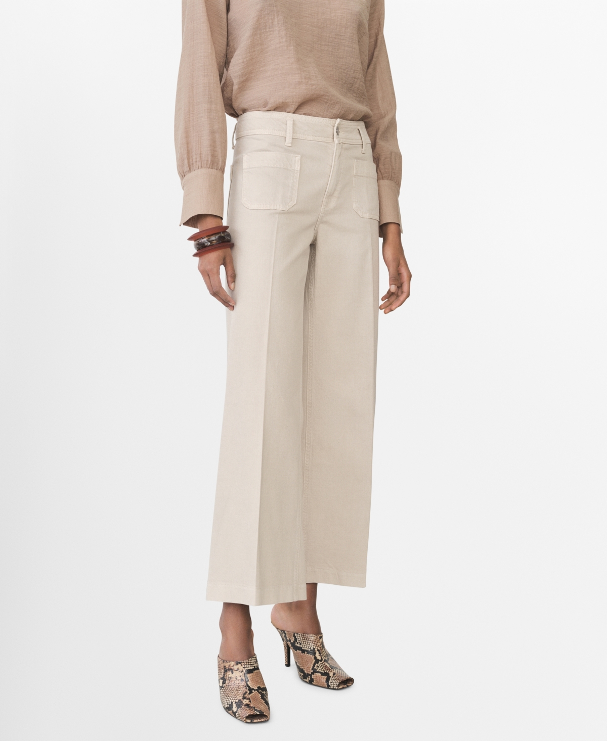 Mango Patch Pocket High Waist Wide Leg Jeans In Neutral