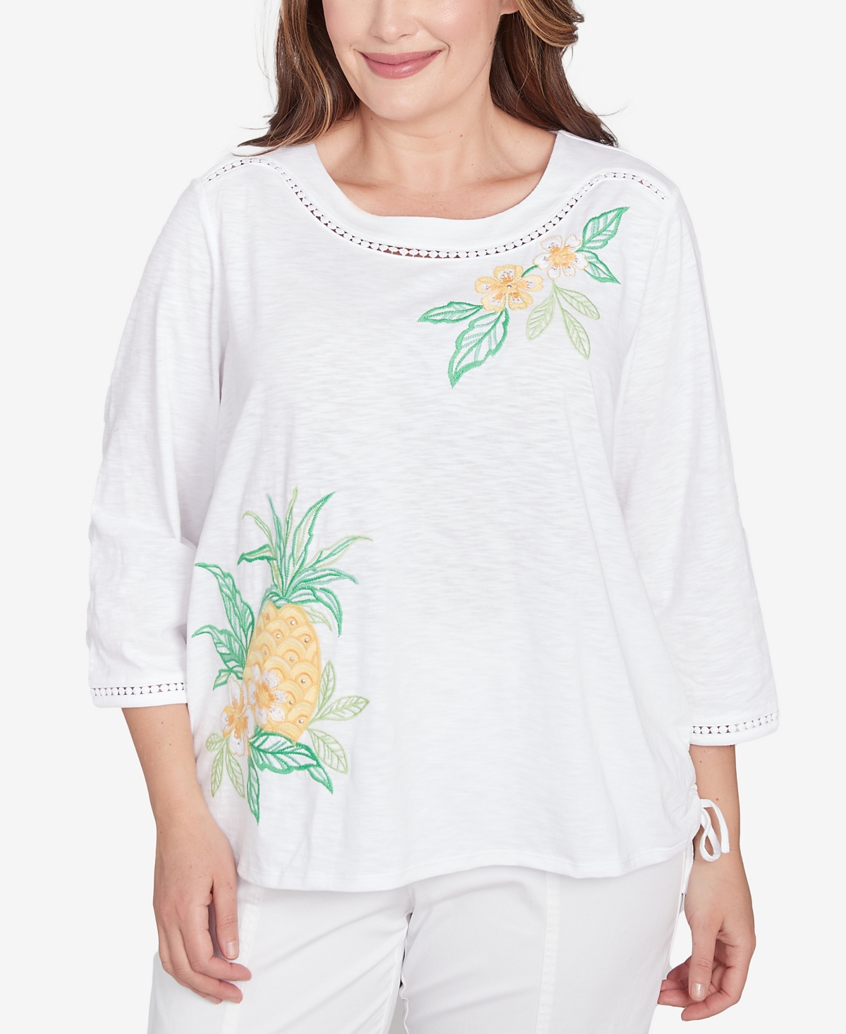 Alfred Dunner Plus Size Rise And Shine Embroidered Pineapple Top In Multi White