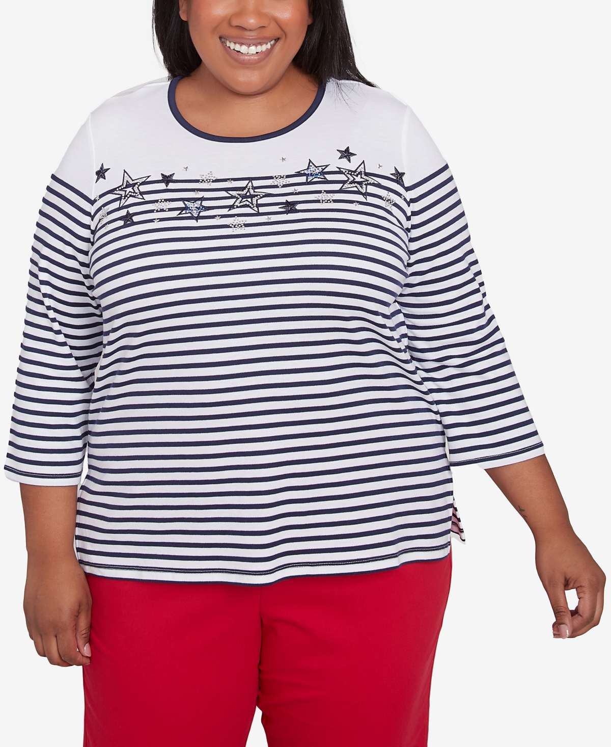 Alfred Dunner Plus Size Land Of The Free Striped Star-studded Crew Neck Top In Navy Multi