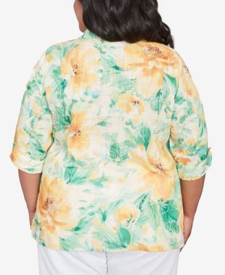 Plus Size Rise and Shine Watercolor Floral Tie Sleeve Button Down Top