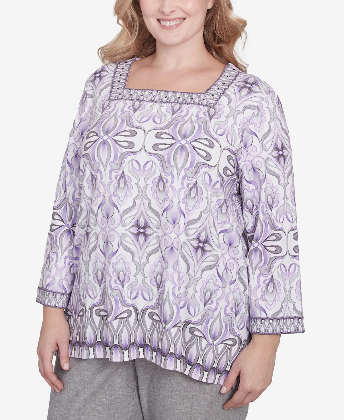 Alfred Dunner Plus Size Crystal Springs Border Square Neck Top In Lilac Multi