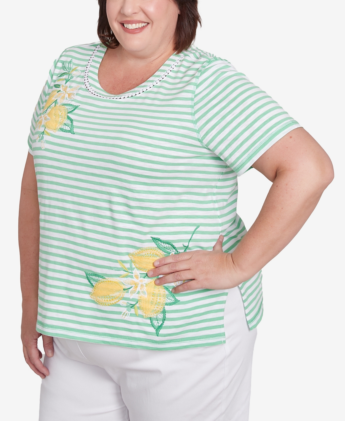 Alfred Dunner Plus Size Rise And Shine Lemon Printed Striped Top In Lime
