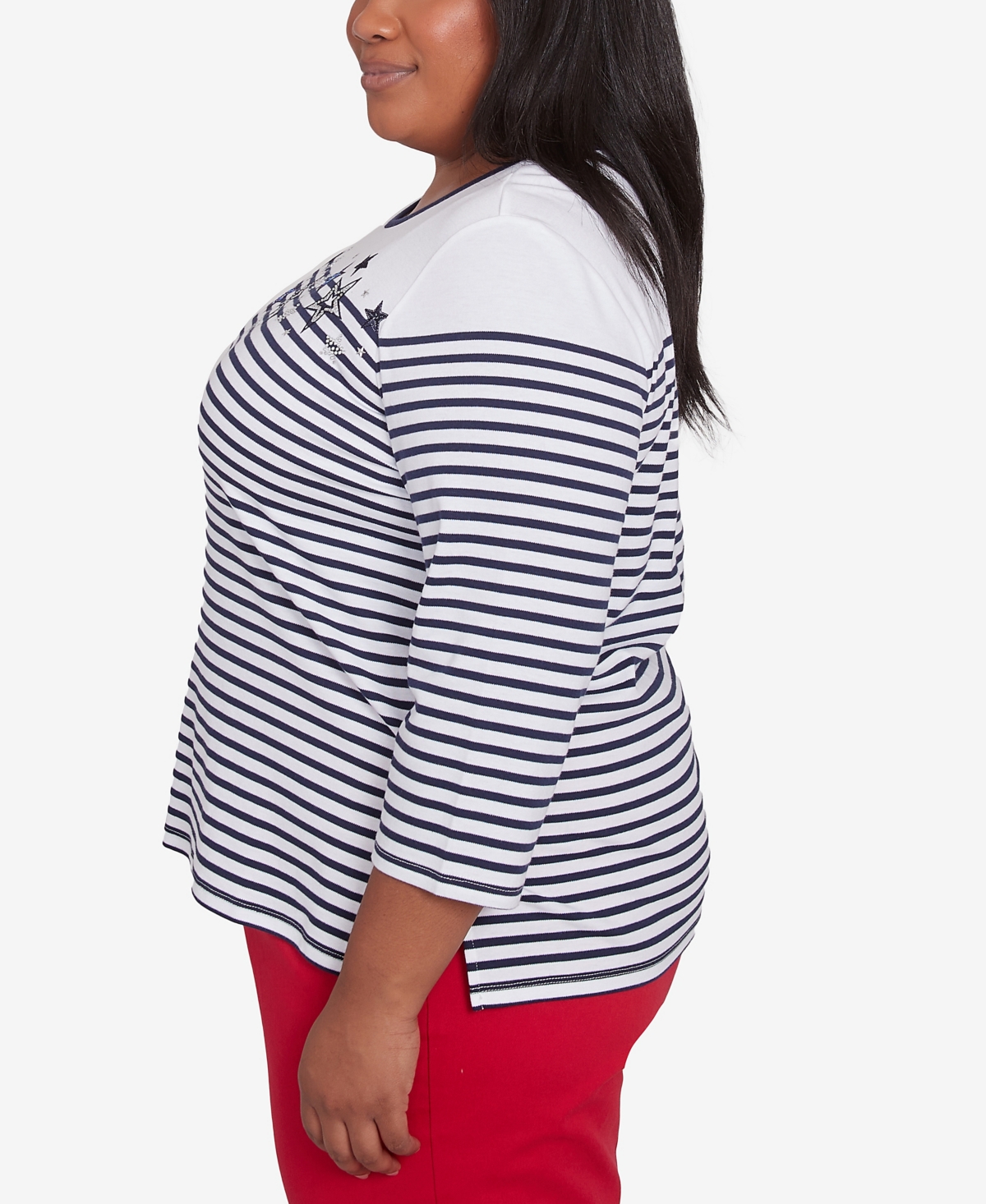 Alfred Dunner Plus Size Land Of The Free Striped Star-studded Crew Neck Top In Navy Multi