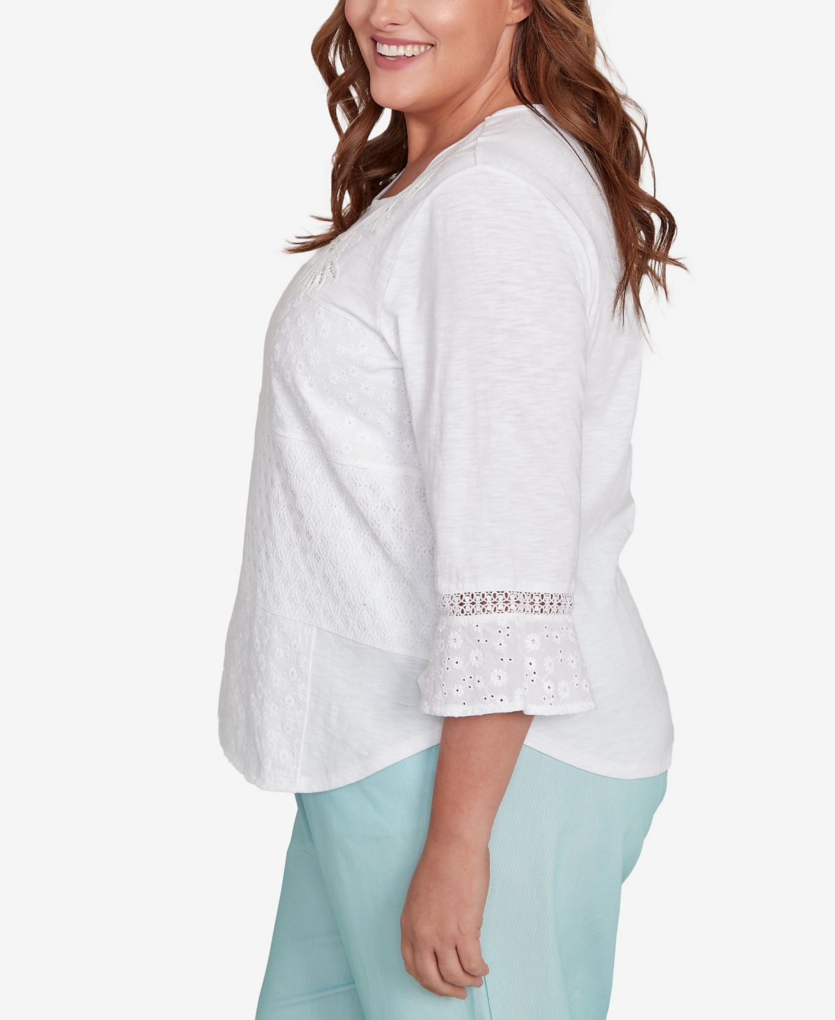 Alfred Dunner Plus Size St. Thomas Lace Patchwork Embellished Sleeve Top In White