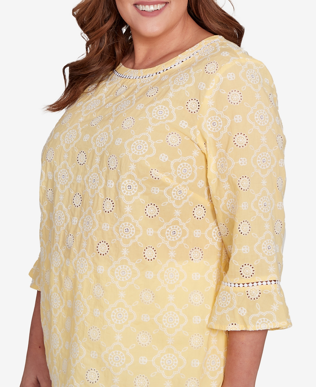 Alfred Dunner Plus Size Rise And Shine Embroidered Floral Eyelet Bell Sleeve Top In Lemon