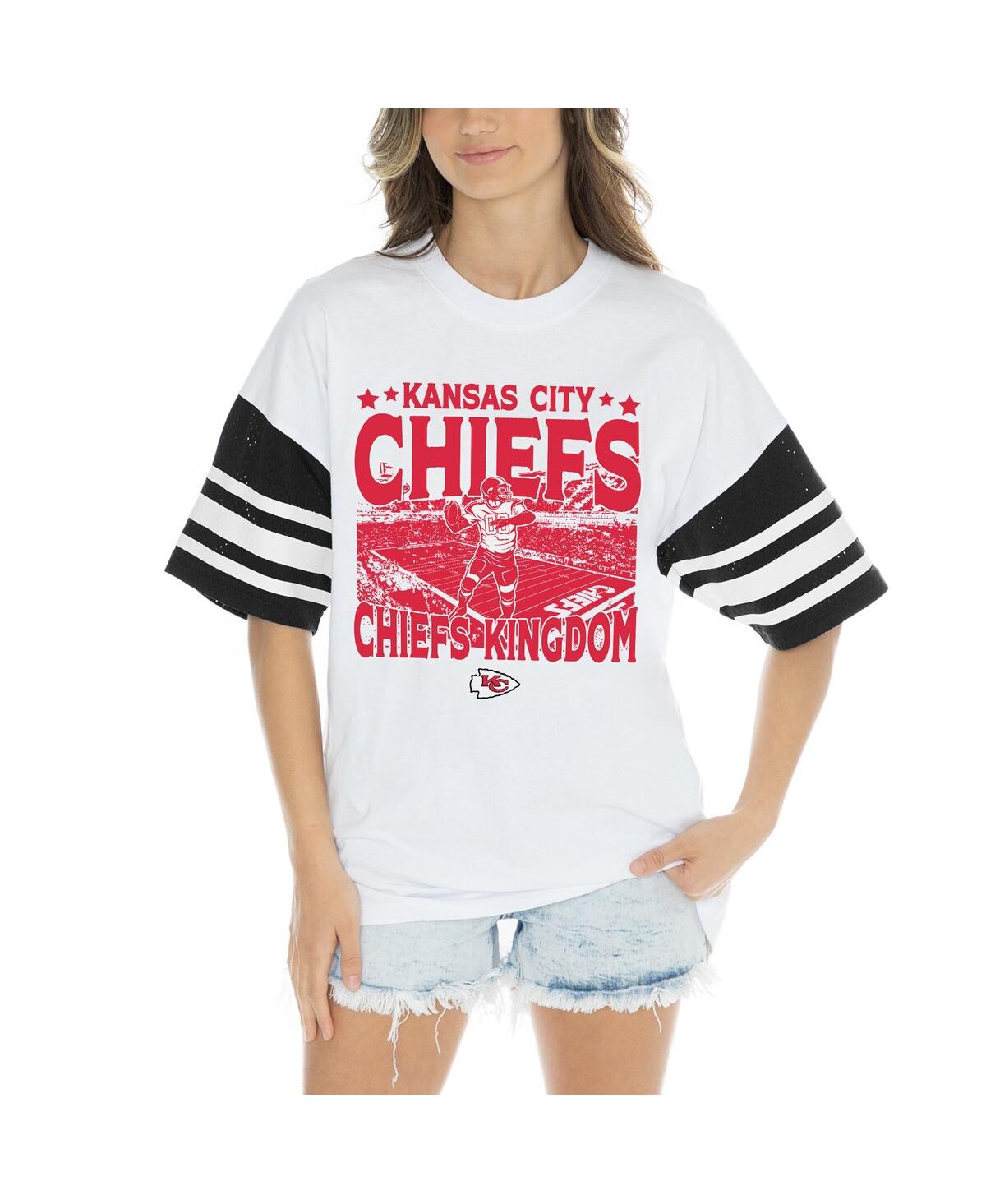 GAMEDAY COUTURE WOMEN'S WHITE KANSAS CITY CHIEFS CONTRAST MESH HERITAGE STRIPE OVERSIZED T-SHIRT 