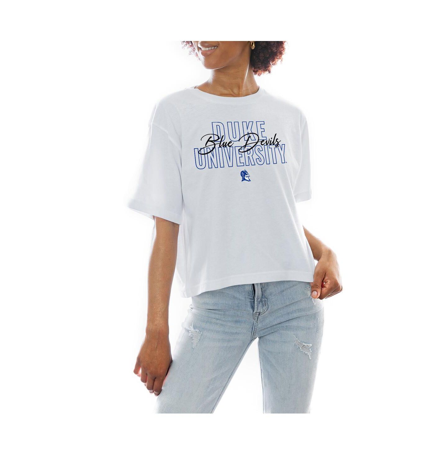 Женская футболка Gameday Couture White Duke Blue Devils Slogan Boxy Fit Cropped — фото 1