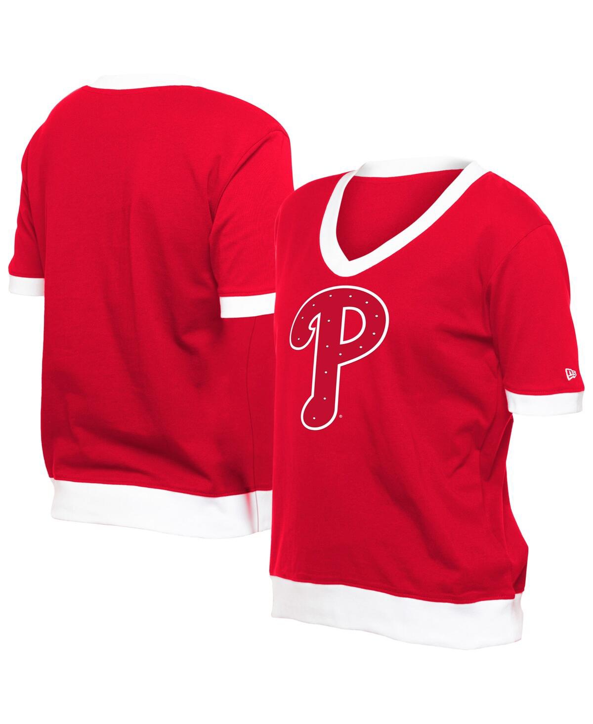 NEW ERA WOMEN'S RED PHILADELPHIA PHILLIES GAME DAY RHINESTONE V-NECK T-SHIRT 