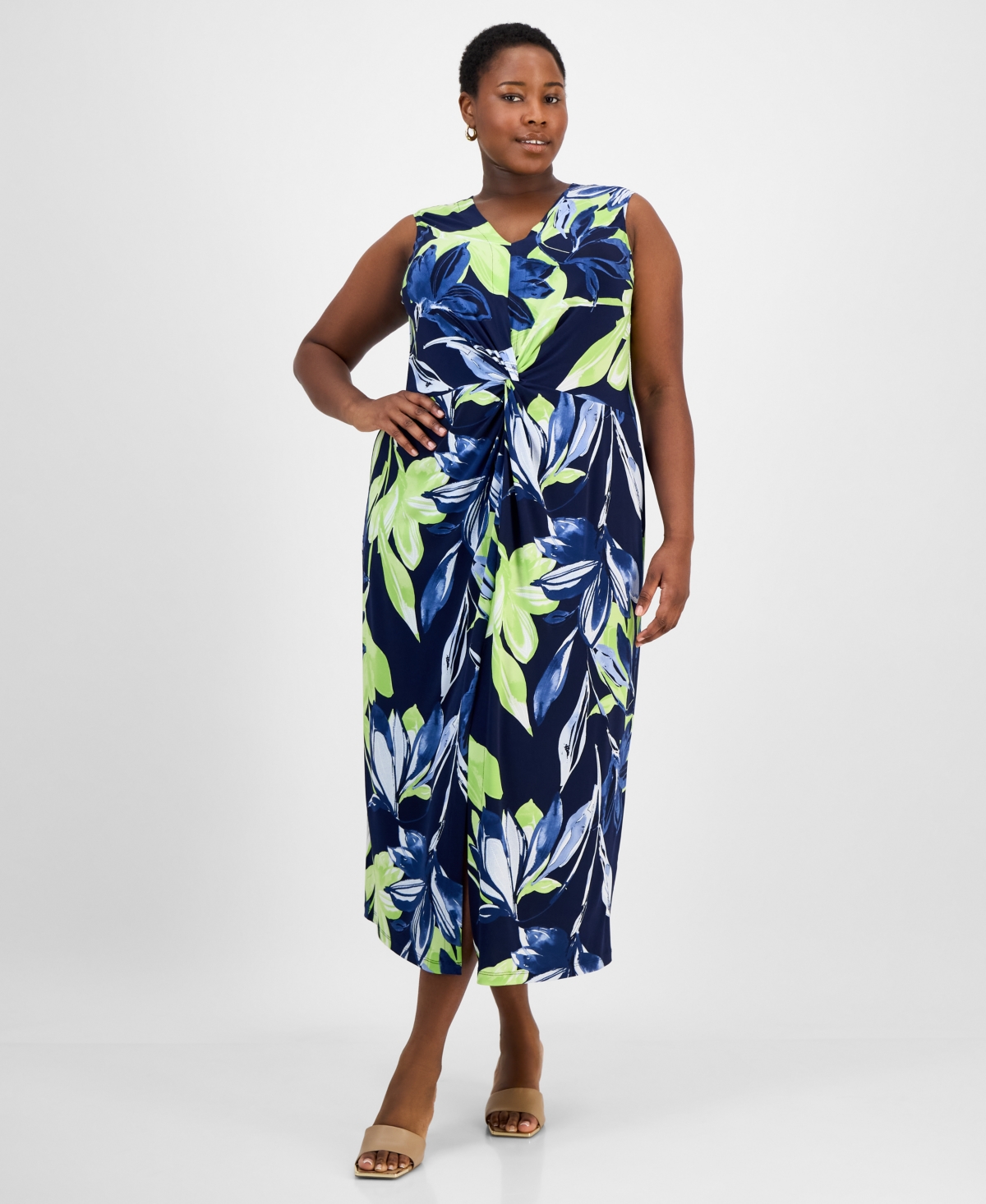 Plus Size Printed Twisted-Front Maxi Dress - Navy