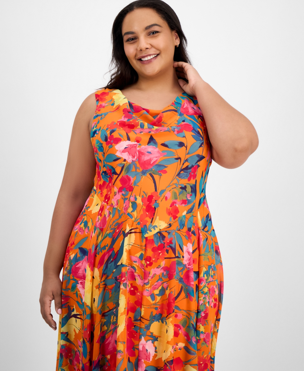 Robbie Bee Plus Size Cowl-neck Sleeveless Handkerchief-hem Dress