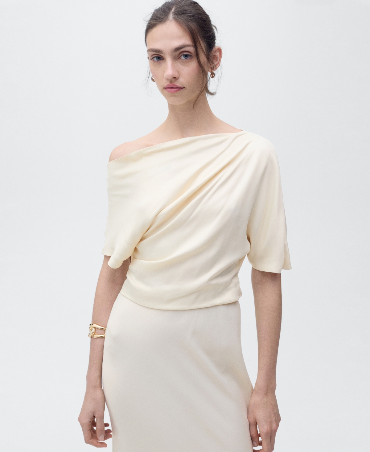 Mango Draped Asymmetrical Midi-dress Ecru In Ecru
