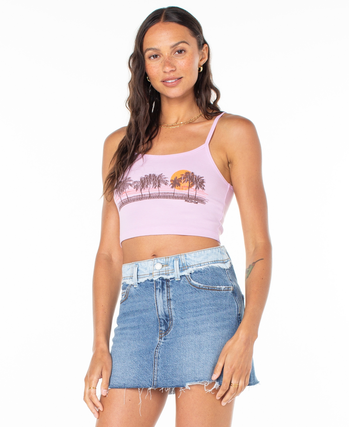Juniors' Palm Stripe Graphic Cropped Tank Top - Orchid Bouquet