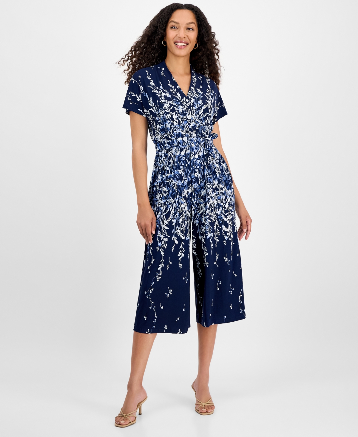 Petite Printed Cropped Flutter-Sleeve Jumpsuit - Navy White