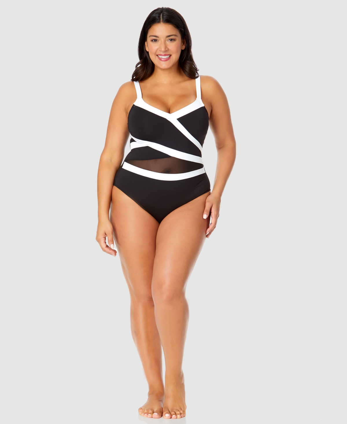 Plus Size Mesh-Trim One-Piece Swimsuit - Black