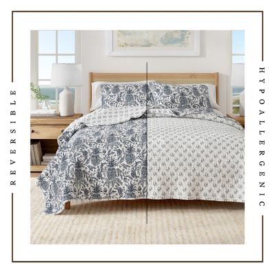 Cotton Stitched Reversible Coastal Quilt and Sham Set