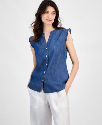 売れ筋商品|||トミー ヒルフィガー カットソー トップス レディース Women's Chambray Ruffled Shirt Med Benson Tommy Hilfiger Women's Chambray Ruffled Shirt - Macy's