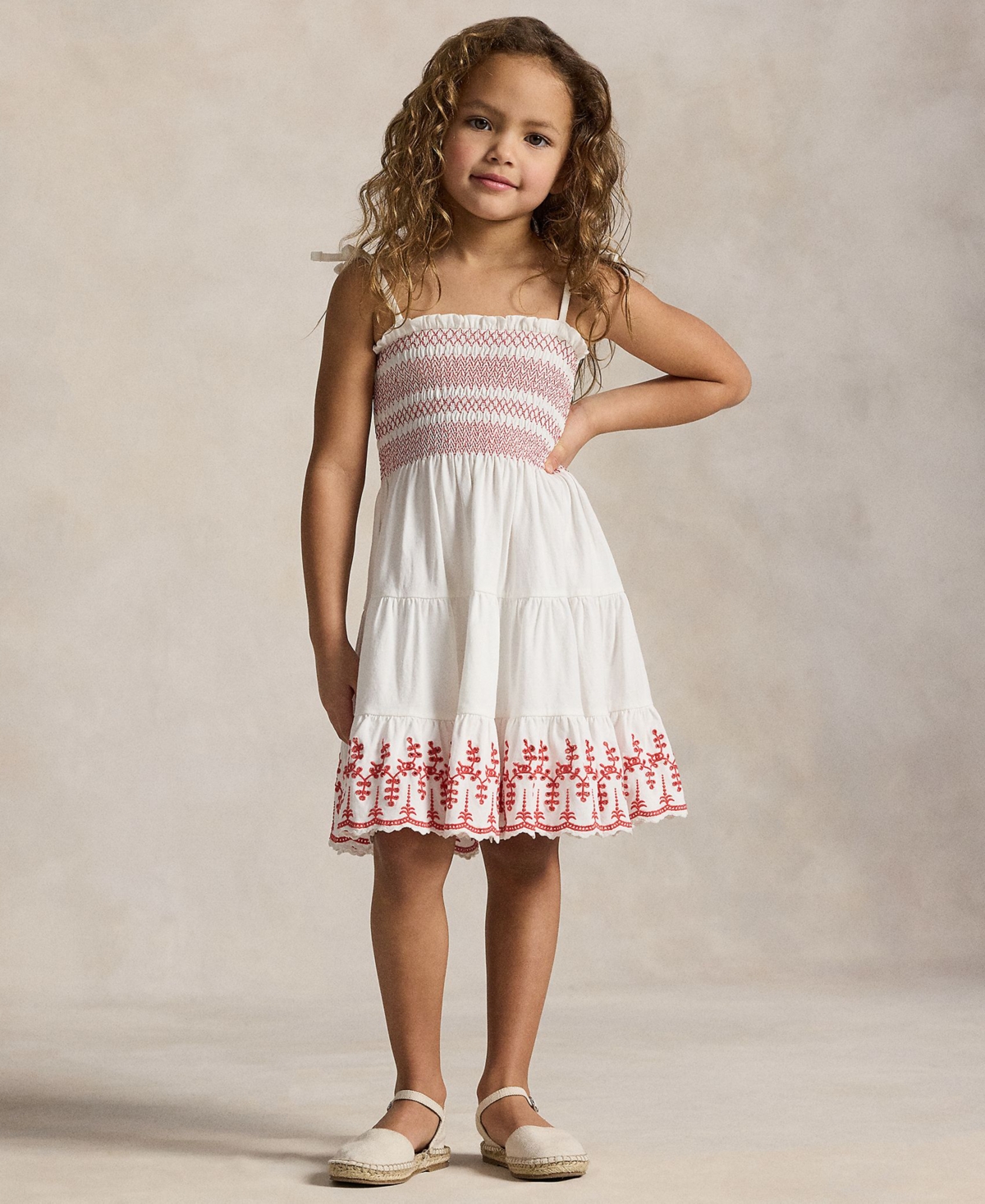 Polo Ralph Lauren Toddler and Little Girls Smocked Eyelet Jersey Dress - White